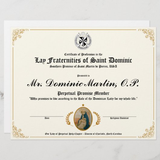Papier Certificat dominicain Lay (Devant / Derrière)