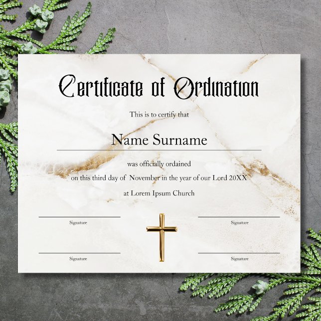 Papier Certificat d'ordination au ministère de l'église (Certificate of ordination white marble background and gold cross)