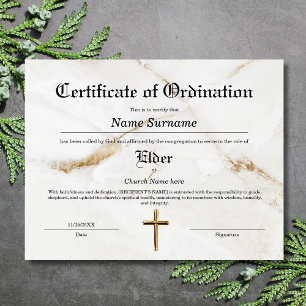 Papier Certificat d'Ordination de l'Église Aînée