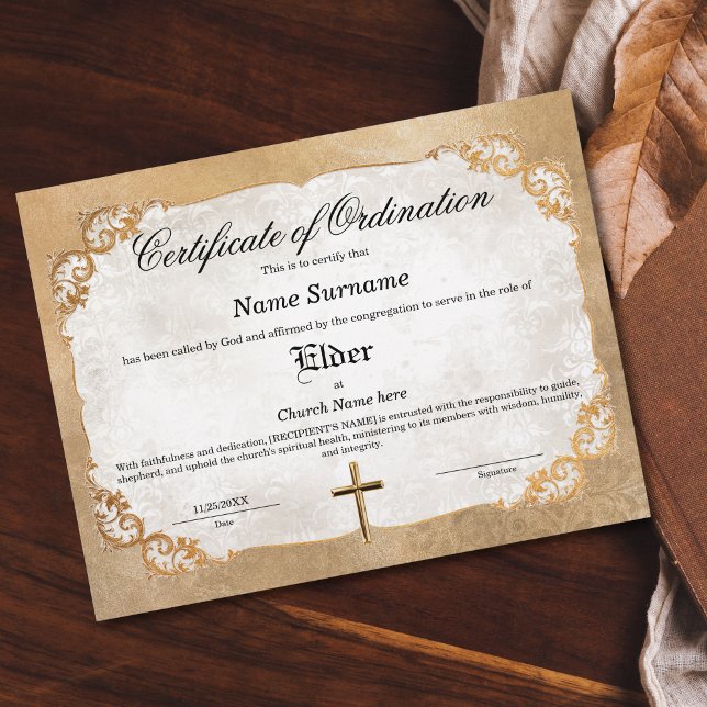 Papier Certificat d'Ordination de l'Église Aînée (golden floral frame vintage feel elder church certificate)