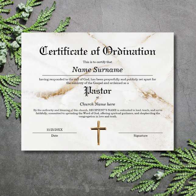 Papier Certificat d'ordination de l'église pastorale (certificate of ordination with white marble background and a gold cross)