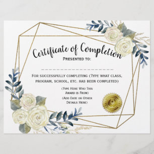 Papier Certificat floral d'achèvement, Personnaliser 8.5x