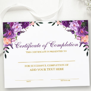 Papier Certificat Floral de Réussite Violet Or