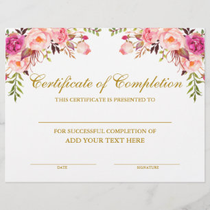 Papier Certificat floral rose d'achèvement Or