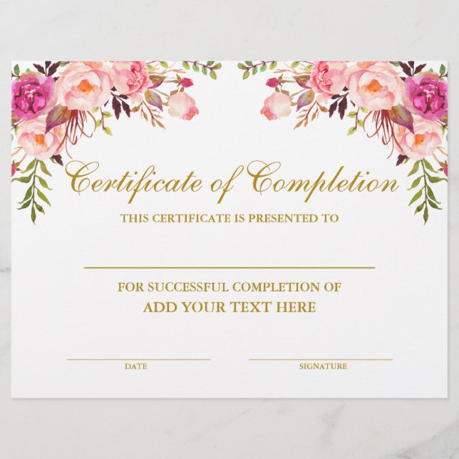 Papier Certificat floral rose d'achèvement Or (Devant)