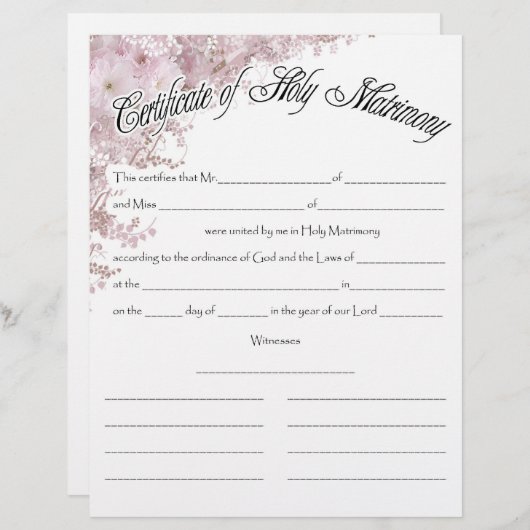 Papier Certificat mariage (Devant / Derrière)