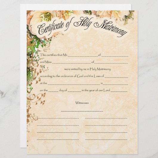 Papier Certificat mariage (Devant / Derrière)