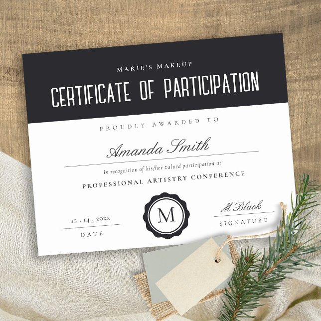 Papier Certificat minimal de participation noir et blanc (Créateur téléchargé)