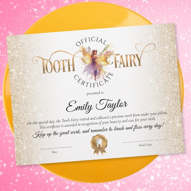 Papier Certificat pour la première dent fée (gold glitter tooth fairy certificate)