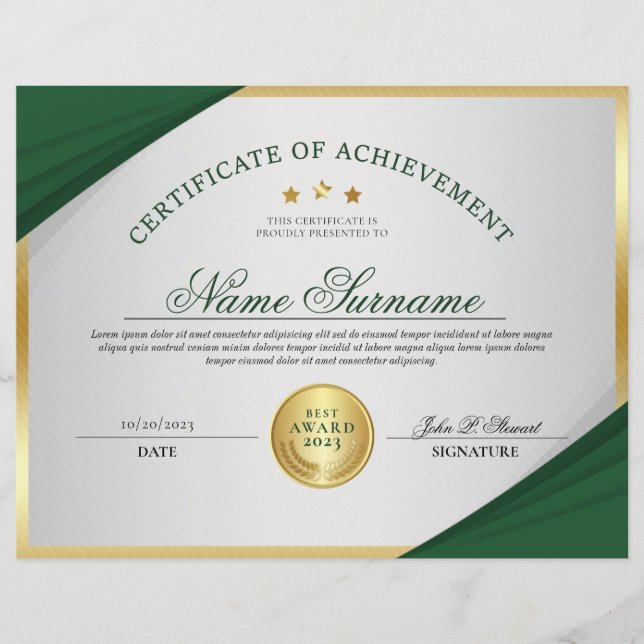 Papier Certificat professionnel Emerald Green & Gold (Devant)