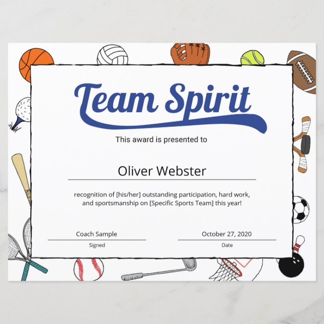 Papier Certificat sportif Blue Team Spirit (Devant)