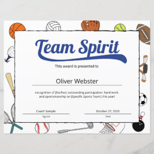 Papier Certificat sportif Blue Team Spirit