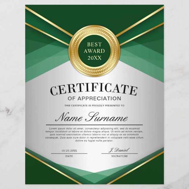Papier Certificat Vertical Vert & Or d'Appréciation (Devant)