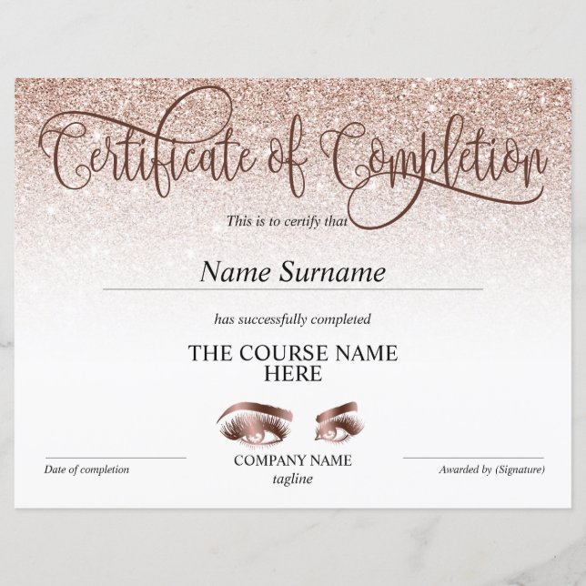 Papier Certificate of Completion Award lashes course (Devant)