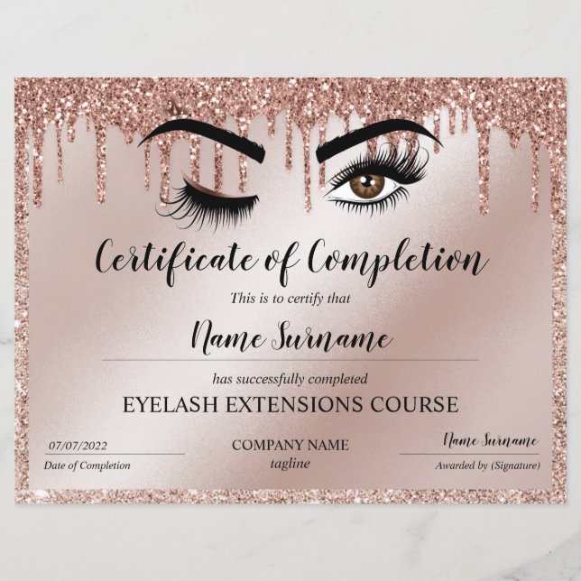 Papier Certificate of Completion Award lashes course (Devant)
