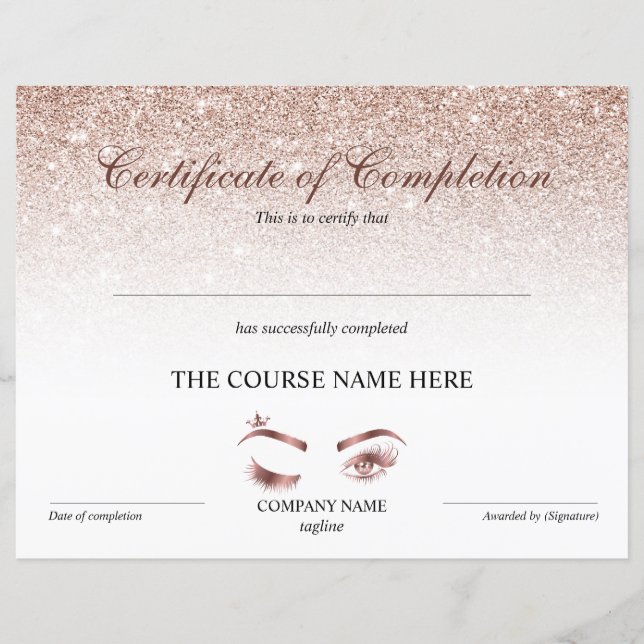 Papier Certificate of Completion Award lashes course (Devant)