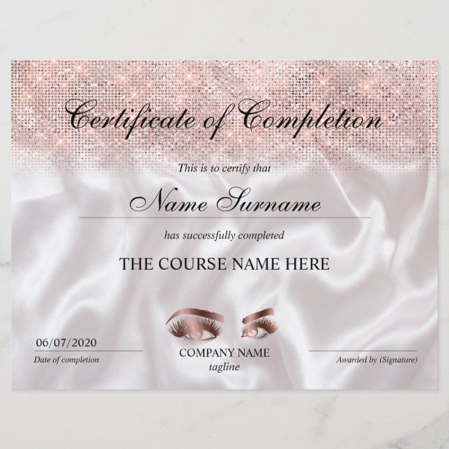 Papier Certificate of Completion Award lashes course (Devant)