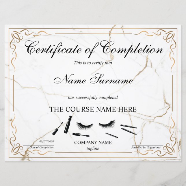 Papier Certificate of Completion Award lashes course (Devant)