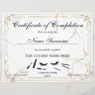 Papier Certificate of Completion Award lashes course