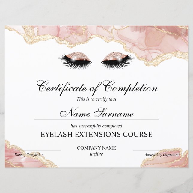 Papier Certificate of Completion Award lashes course (Devant)