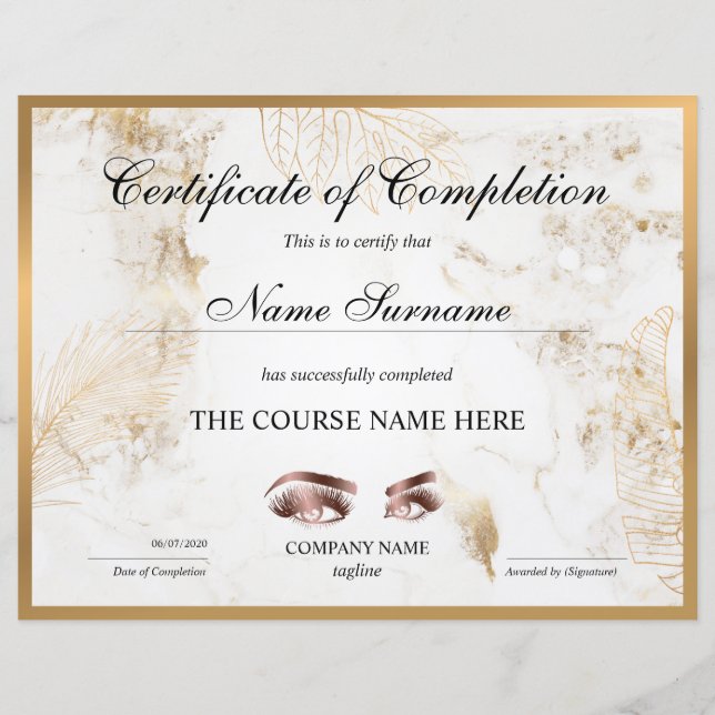 Papier Certificate of Completion Award lashes course (Devant)