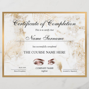 Papier Certificate of Completion Award lashes course