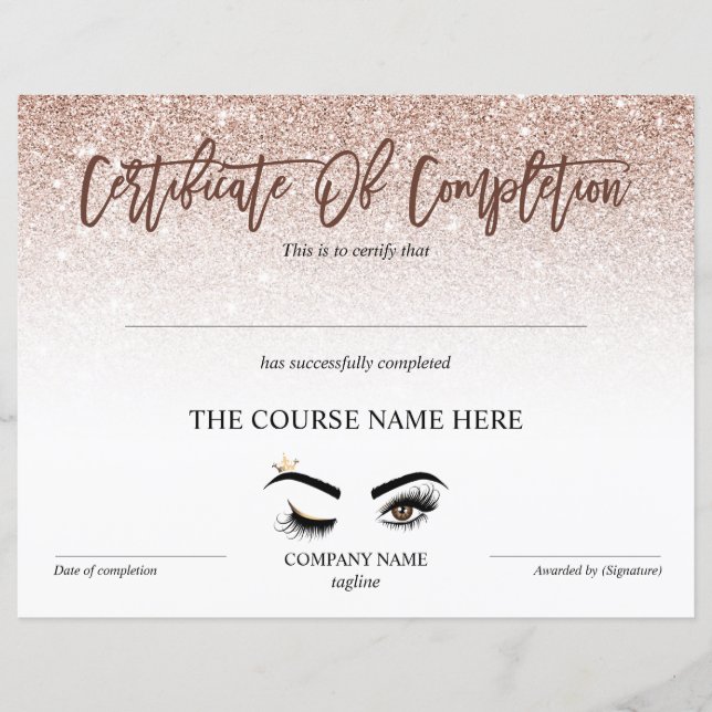 Papier Certificate of Completion Award lashes course (Devant)
