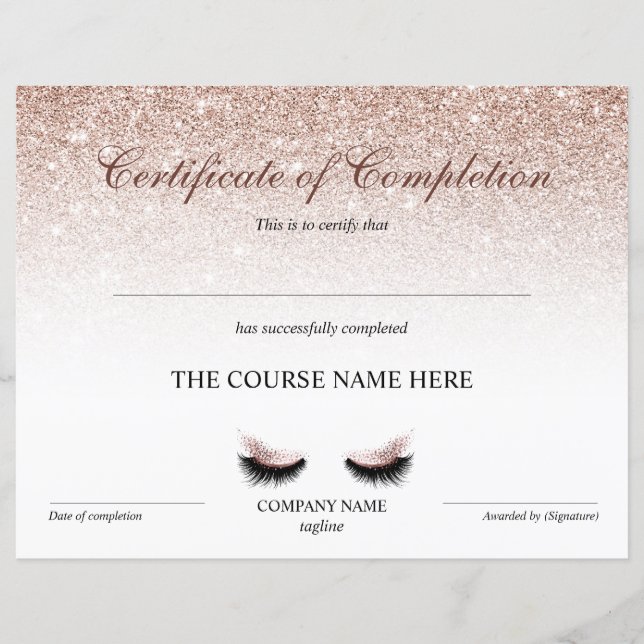 Papier Certificate of Completion Award lashes course (Devant)