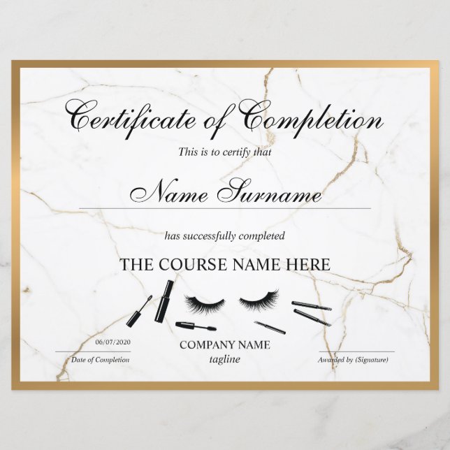 Papier Certificate of Completion Award lashes course (Devant)