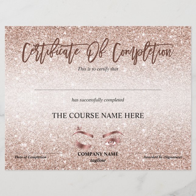 Papier Certificate of Completion Award lashes course (Devant)