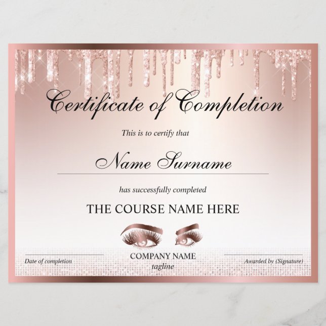 Papier Certificate of Completion Award lashes course (Devant)