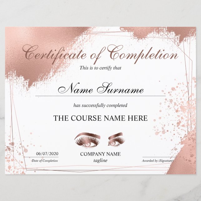 Papier Certificate of Completion Award lashes course (Devant)
