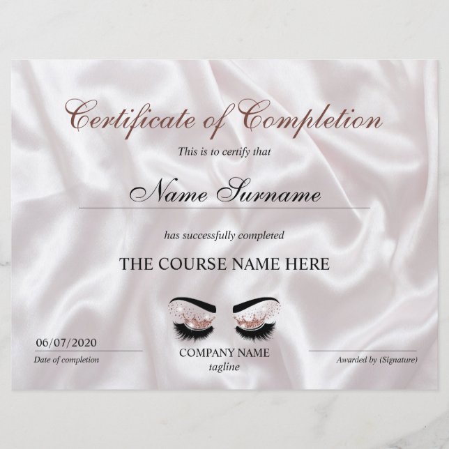 Papier Certificate of Completion Award lashes course (Devant)