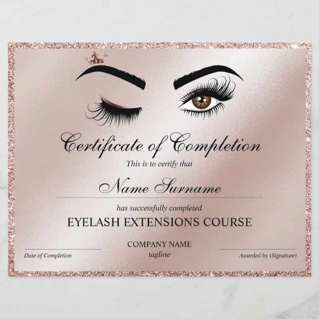 Papier Certificate of Completion Award lashes course (Devant)