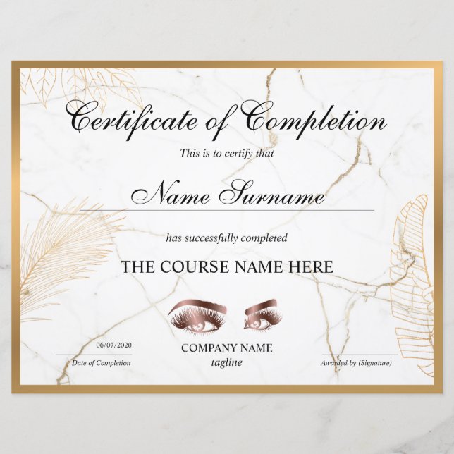 Papier Certificate of Completion Award lashes course (Devant)