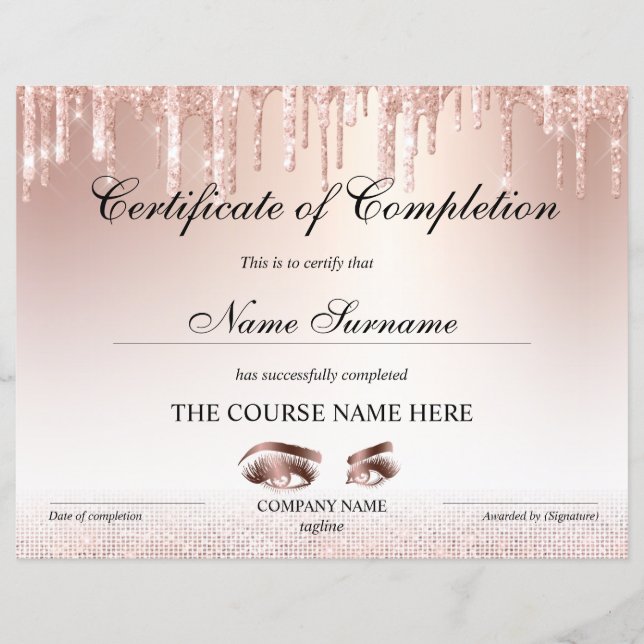 Papier Certificate of Completion Award lashes course (Devant)