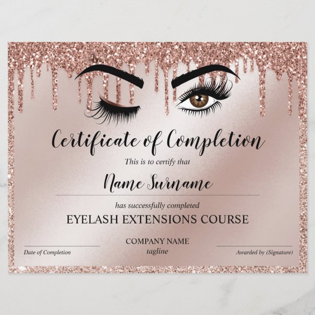 Papier Certificate of Completion Award lashes course (Devant)