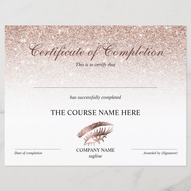 Papier Certificate of Completion Award lashes course (Devant)