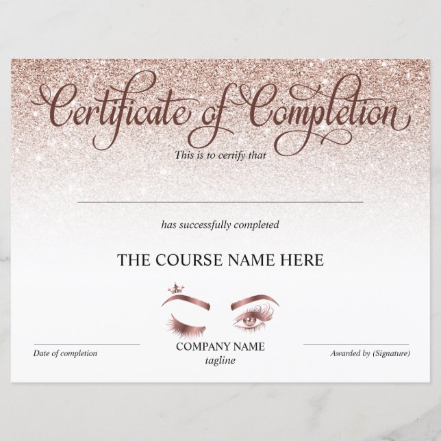 Papier Certificate of Completion Award lashes course (Devant)