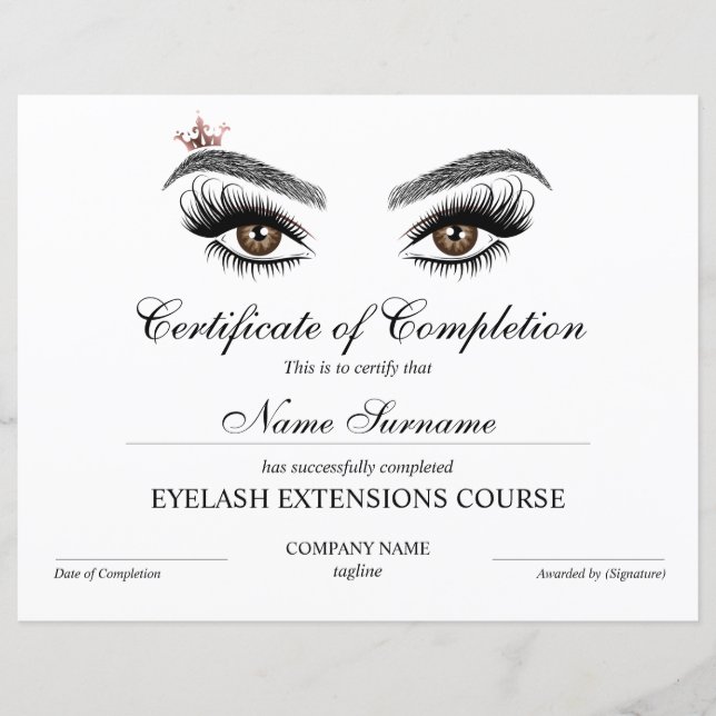 Papier Certificate of Completion Award lashes course (Devant)