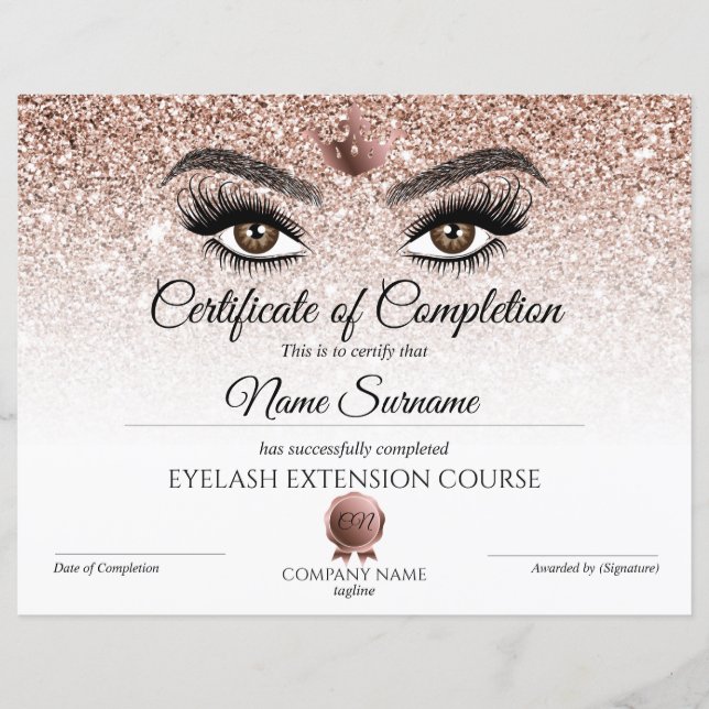 Papier Certificate of Completion Award lashes course (Devant)