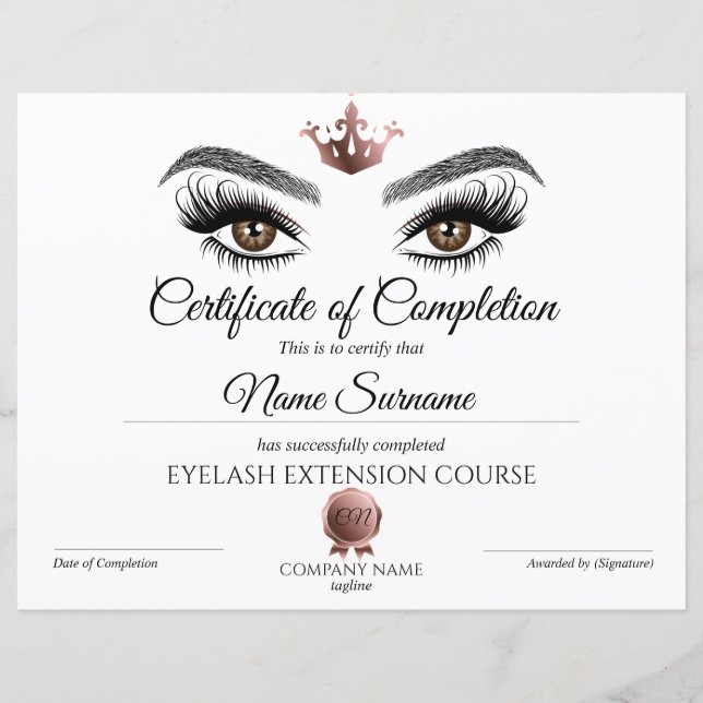Papier Certificate of Completion Award lashes course (Devant)