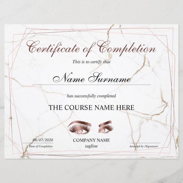 Papier Certificate of Completion Award lashes course (Devant)
