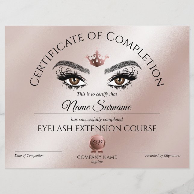 Papier Certificate of Completion Award lashes course (Devant)