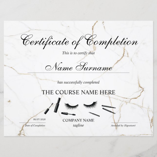 Papier Certificate of Completion Award lashes course (Devant)