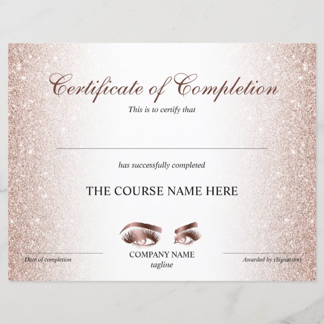 Papier Certificate of Completion Award lashes course (Devant)