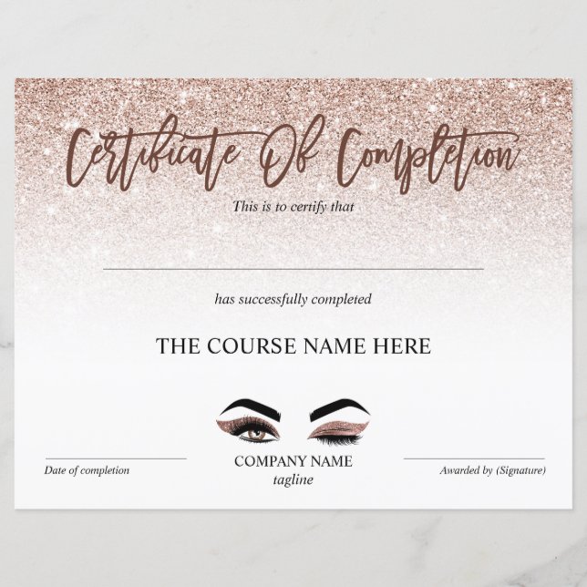Papier Certificate of Completion Award lashes course (Devant)