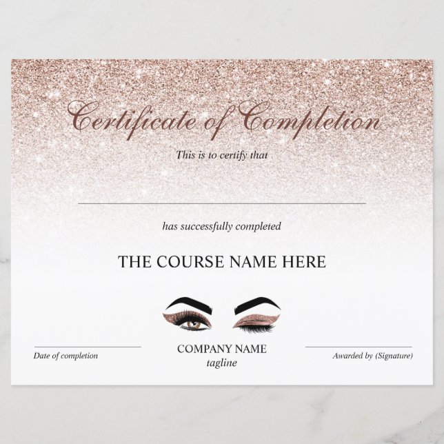 Papier Certificate of Completion Award lashes course (Devant)