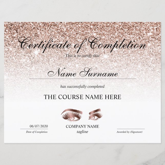 Papier Certificate of Completion Award lashes course (Devant)