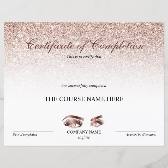 Papier Certificate of Completion Award lashes course (Devant)